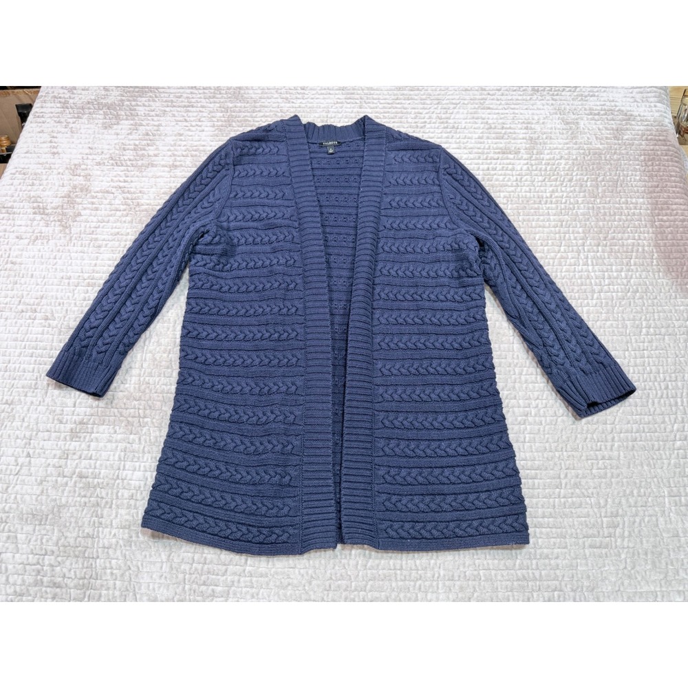 TALBOTS Navy Blue Cable Knit Cozy Open-Front Cardigan Sweater Size Small